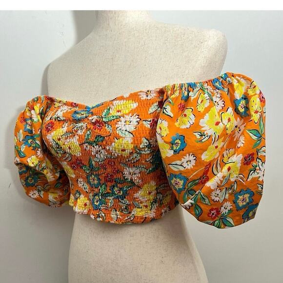 Zara Womens Balloon Sleeve Crop Top Flounce shirt Sz L Orange Floral Boho Fun - Picture 4 of 12